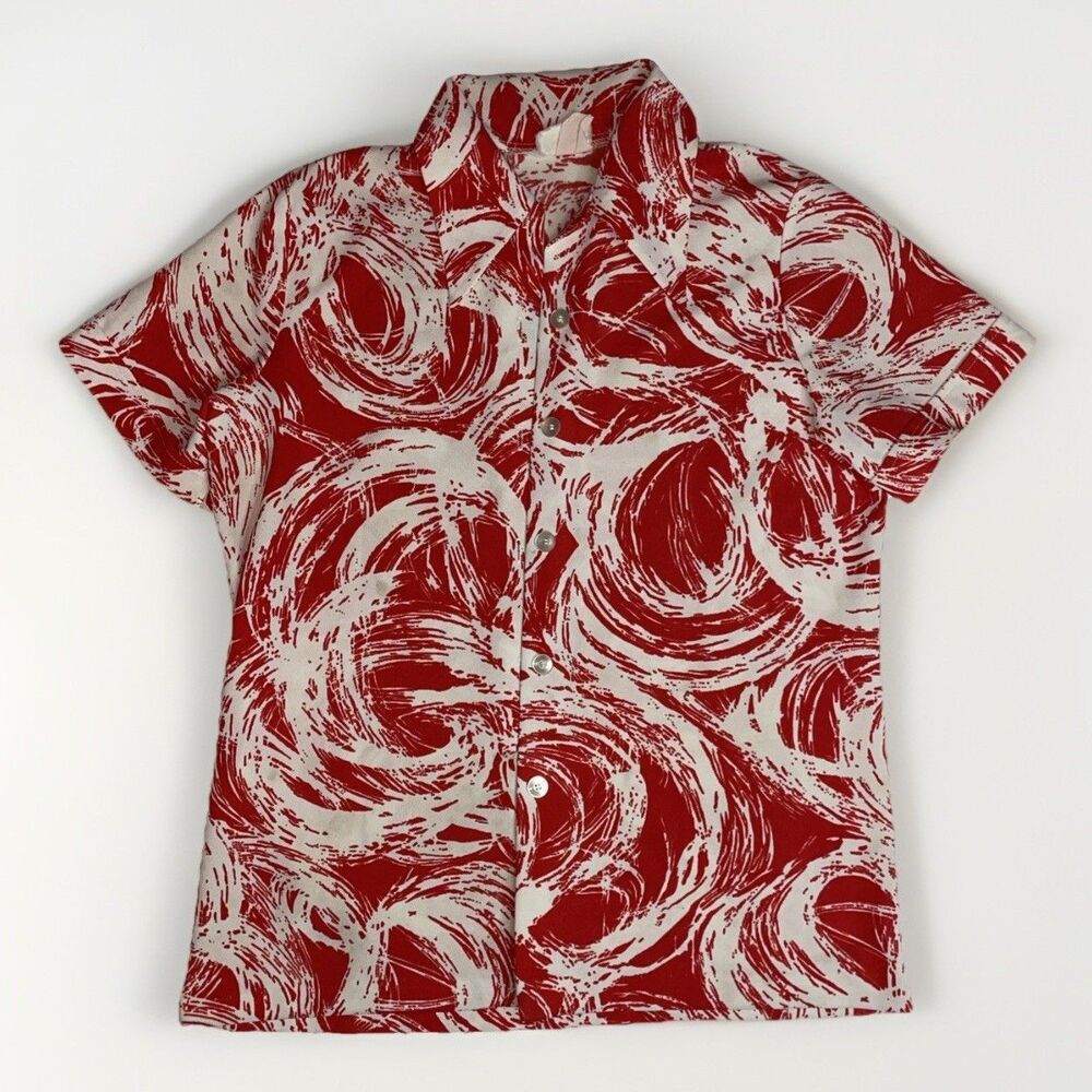 VTG Women’s Printed Blouse Size Medium Double Knit 100% Texturized Polyester
